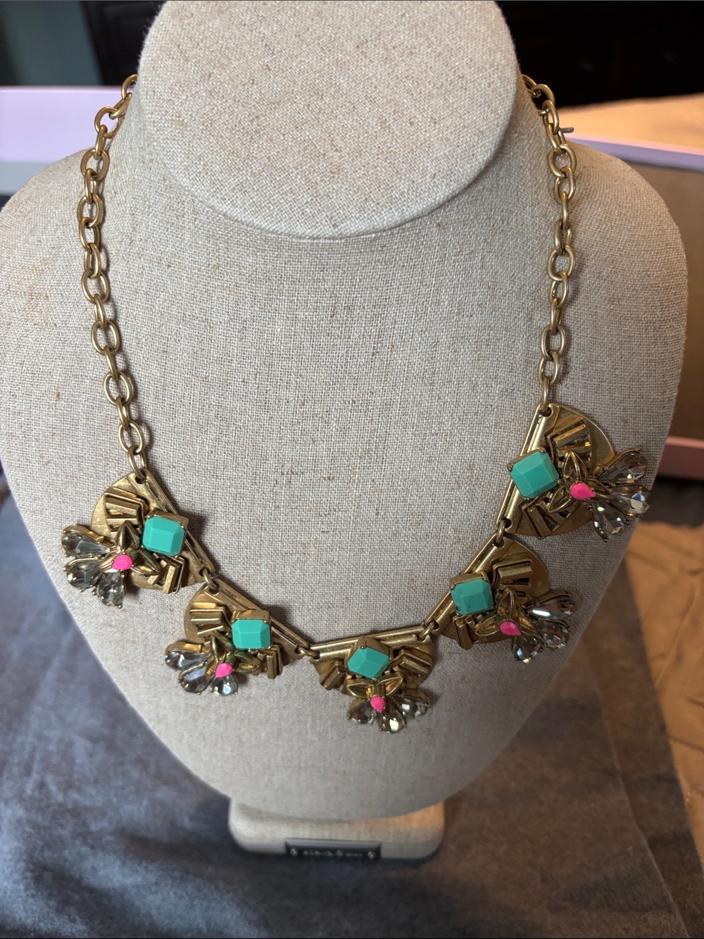 Stella & Dot Gold Necklace with Turquoise and Hot Pink Accents